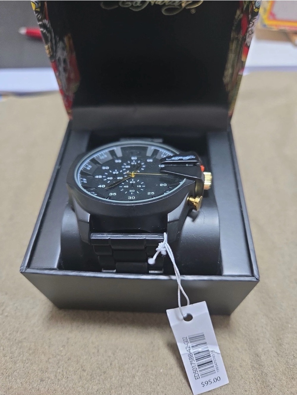 Ed Hardy Chronograph Quartz Analog Watch Black Dial Black SS Bracelet Box